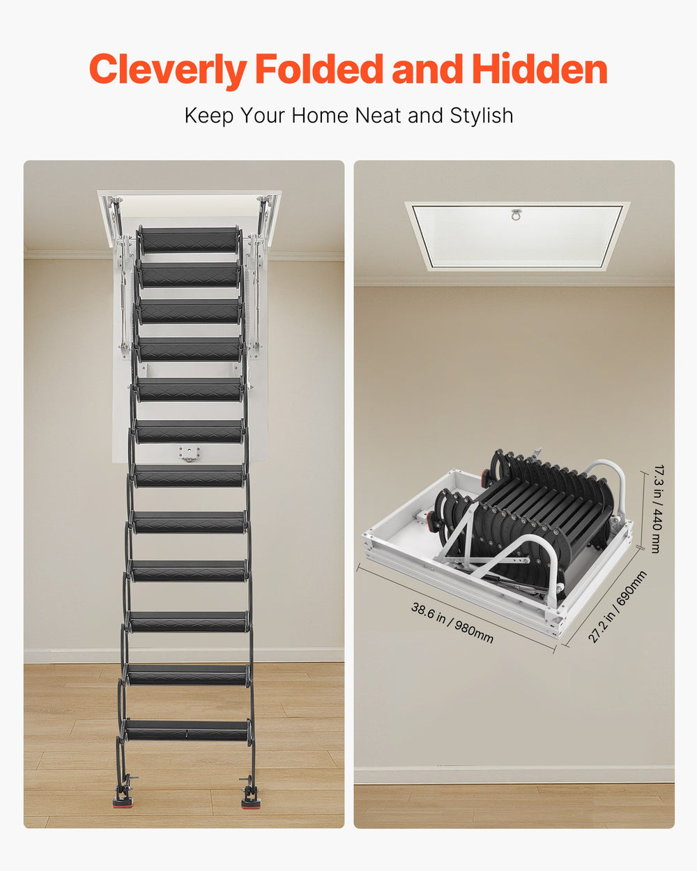 VEVOR Attic Ladder, 660LBS/299.4KG Capacity, Fits 10.5 to 11 ft Ceiling Height and 39.4 x 27.5 inch Opening Size, Alloy Steel Pull-Down Retractable Ceiling Stair with Pulling Rod for Attic Loft Roof