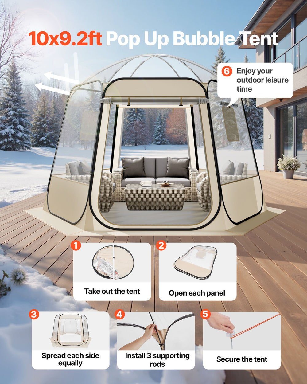 VEVOR Pop up Bubble Tent, 3.05 x 2.75 m Waterproof & UV-Resistant, Clear Camping Tent Shelter, Outdoor Garden Dome Igloo Tents with Windows, 540° Panoramic View, for 4-8 Persons Patio Backyard