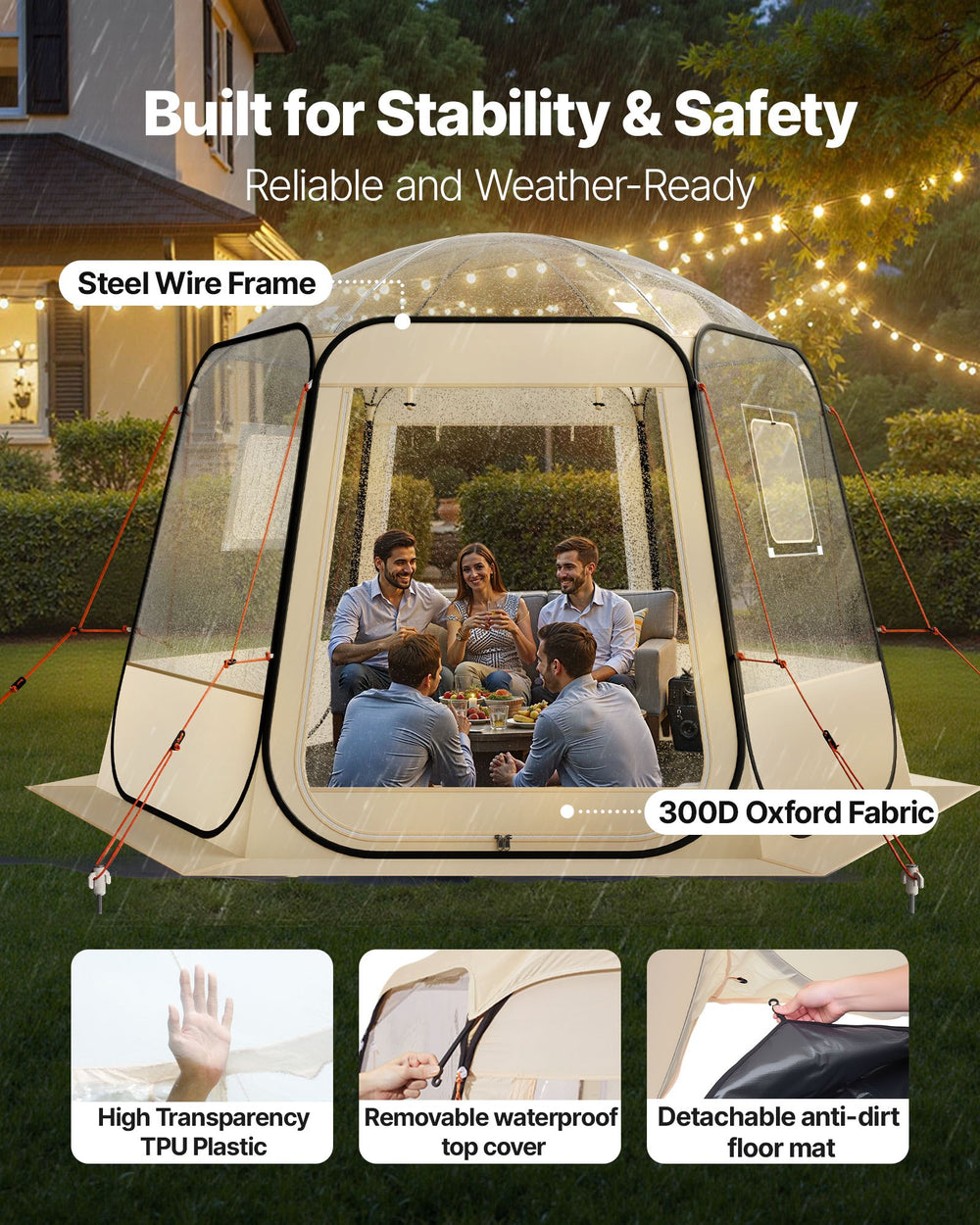 VEVOR Pop up Bubble Tent, 3.05 x 2.75 m Waterproof & UV-Resistant, Clear Camping Tent Shelter, Outdoor Garden Dome Igloo Tents with Windows, 540° Panoramic View, for 4-8 Persons Patio Backyard