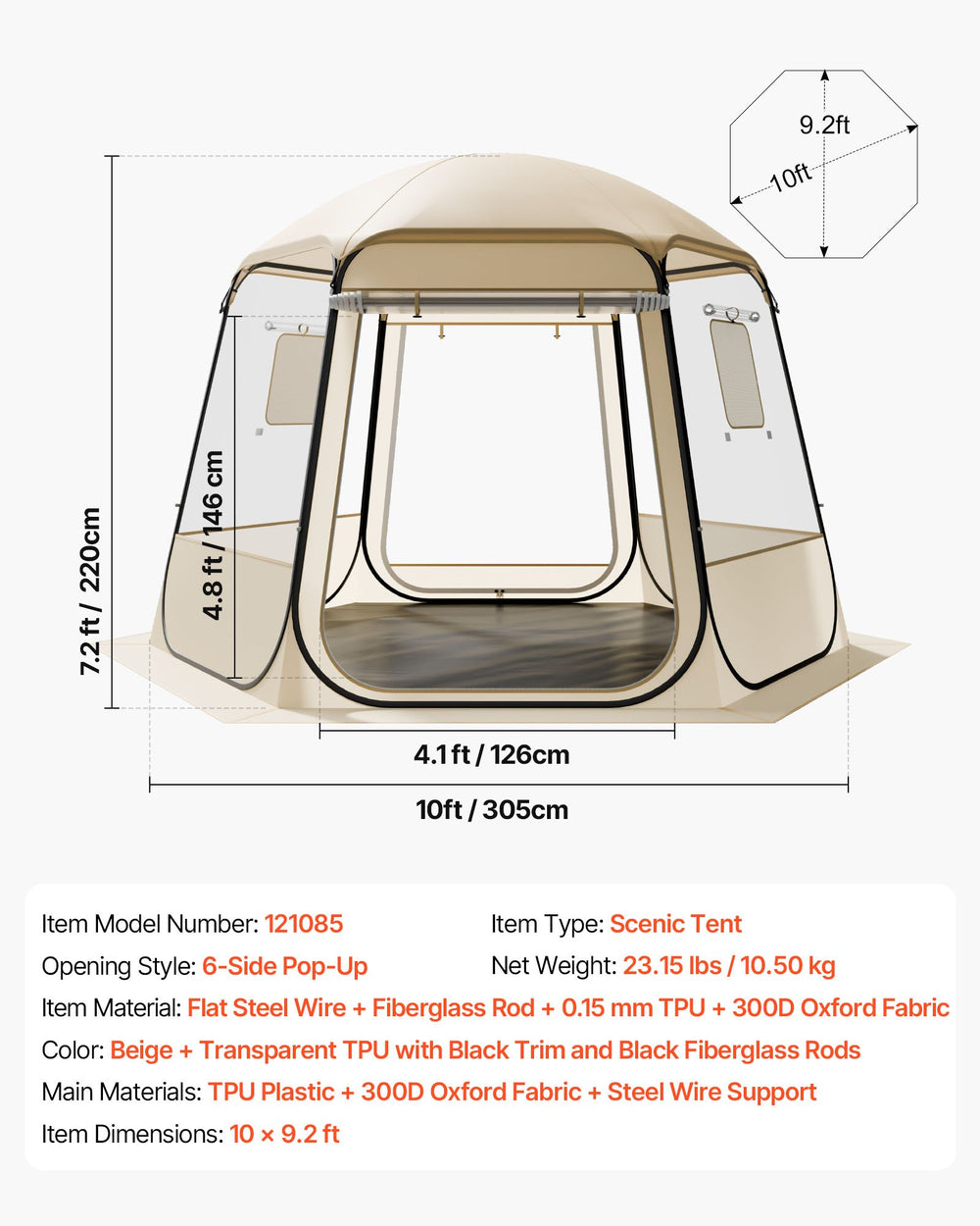 VEVOR Pop up Bubble Tent, 3.05 x 2.75 m Waterproof & UV-Resistant, Clear Camping Tent Shelter, Outdoor Garden Dome Igloo Tents with Windows, 540° Panoramic View, for 4-8 Persons Patio Backyard
