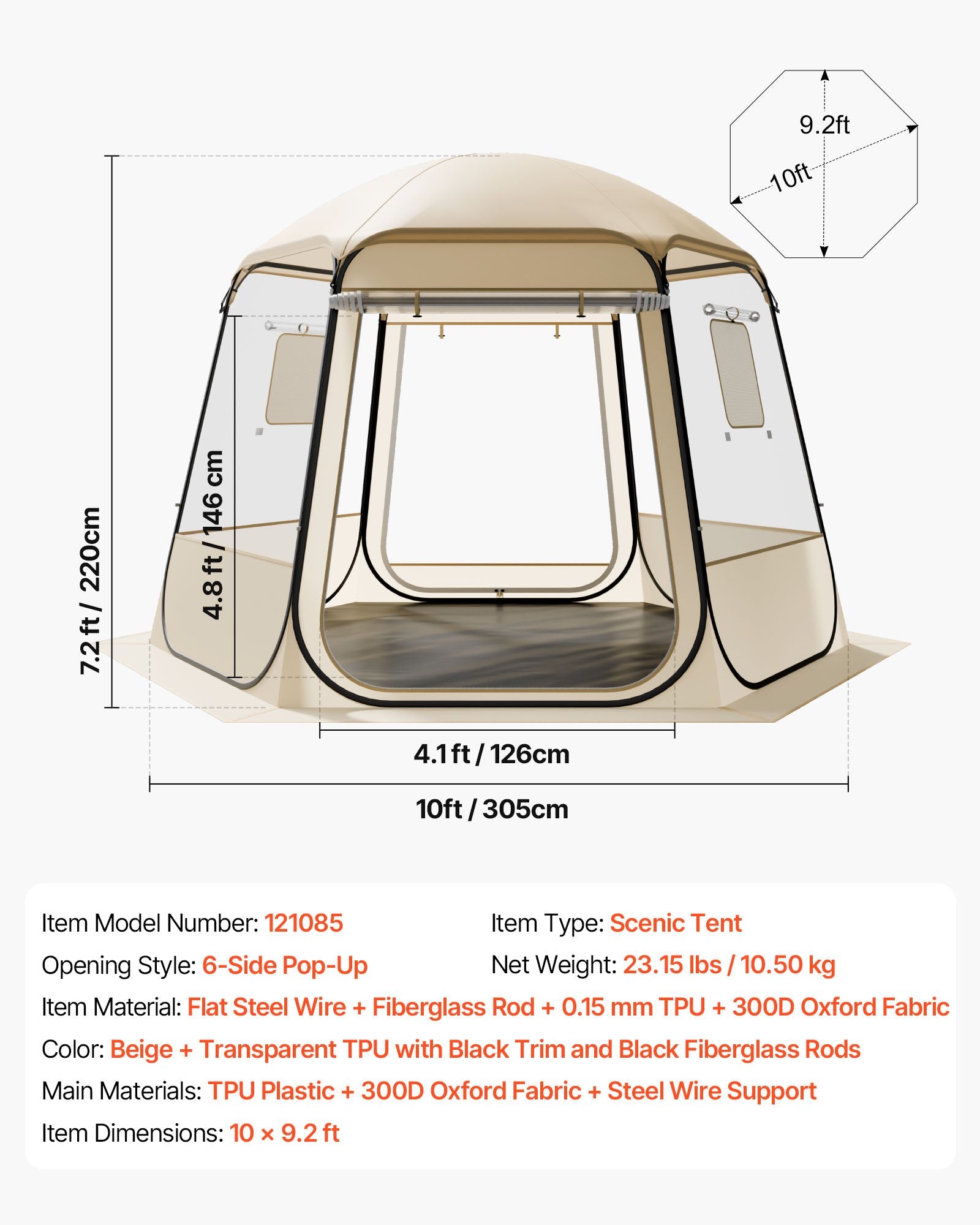 VEVOR Pop up Bubble Tent, 3.05 x 2.75 m Waterproof & UV-Resistant, Clear Camping Tent Shelter, Outdoor Garden Dome Igloo Tents with Windows, 540° Panoramic View, for 4-8 Persons Patio Backyard