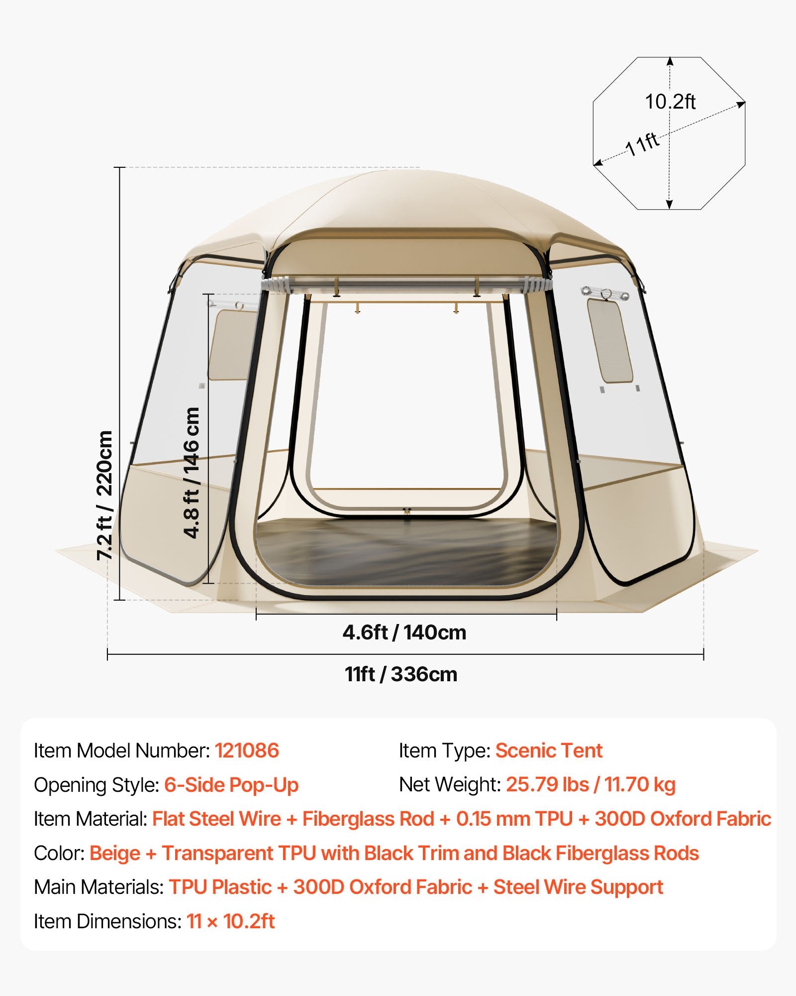 VEVOR Pop up Bubble Tent, 3.36 x 3.05 m Waterproof & UV-Resistant, Clear Camping Tent Shelter, Outdoor Garden Dome Igloo Tents with Windows, 540° Panoramic View, for 8-10 Persons Patio Backyard