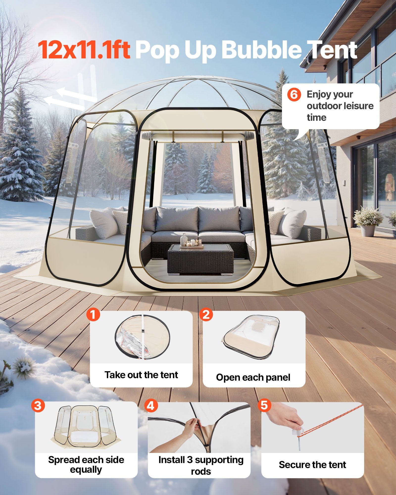 VEVOR Pop up Bubble Tent, 3.36 x 3.45 m Waterproof & UV-Resistant, Clear Camping Tent Shelter, Outdoor Garden Dome Igloo Tents with Windows, 540° Panoramic View, for 10-12 Persons Patio Backyard