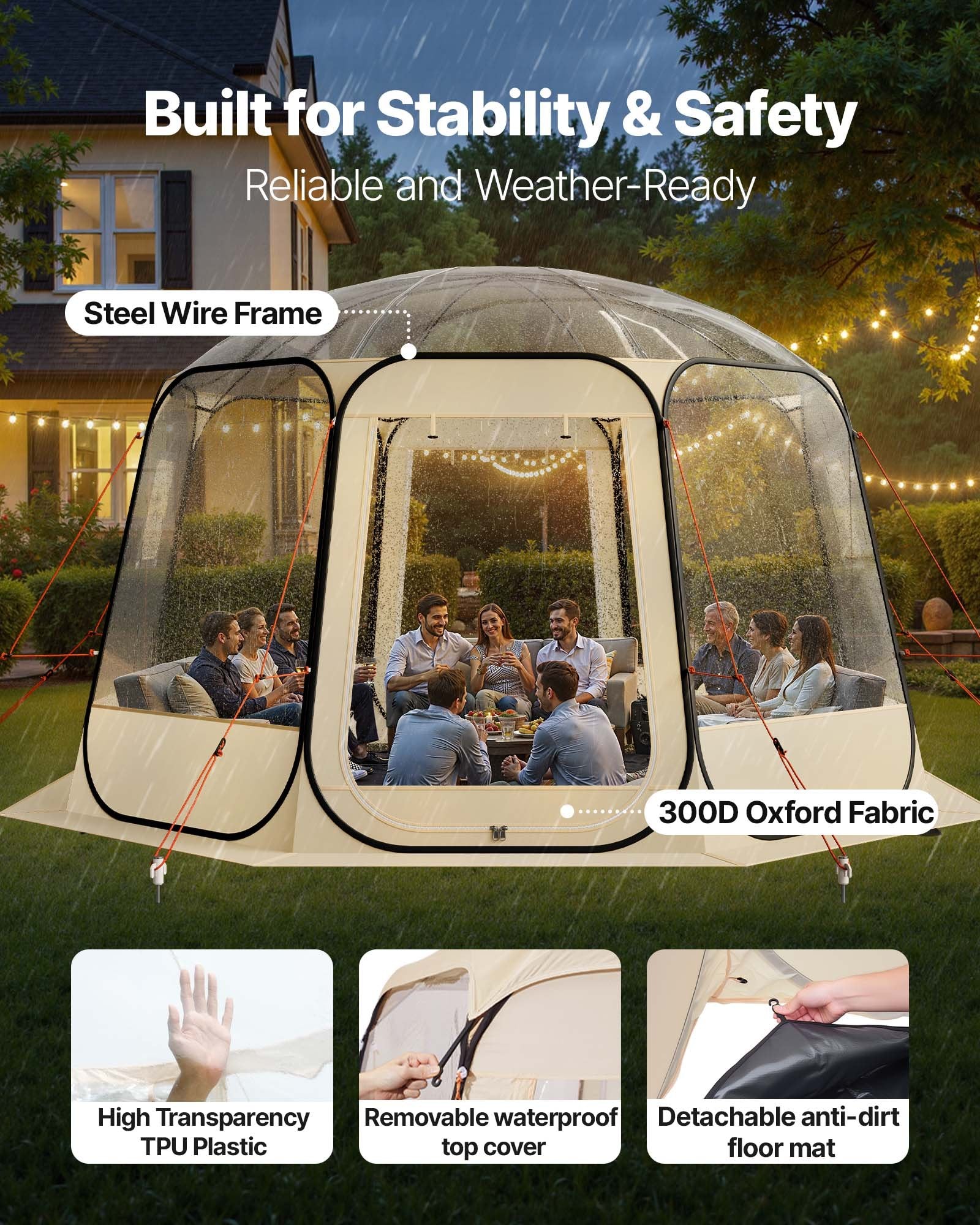 VEVOR Pop up Bubble Tent, 3.36 x 3.45 m Waterproof & UV-Resistant, Clear Camping Tent Shelter, Outdoor Garden Dome Igloo Tents with Windows, 540° Panoramic View, for 10-12 Persons Patio Backyard
