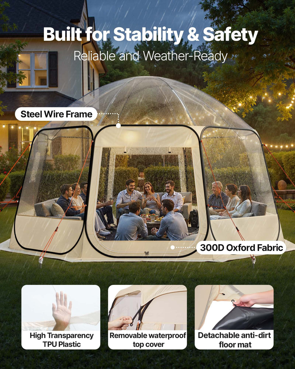 VEVOR Pop up Bubble Tent, 4.58 x 4.32 m Waterproof & UV-Resistant, Clear Camping Tent Shelter, Outdoor Garden Dome Igloo Tents with Windows, 540° Panoramic View, for 12-15 Persons Patio Backyard