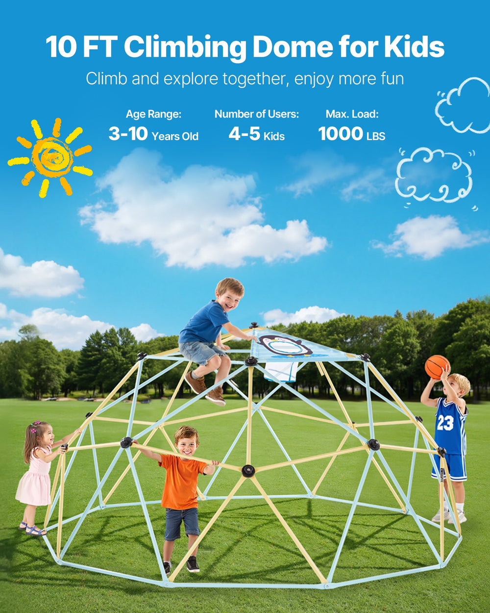 VEVOR Climbing Dome, 305cm Geometric Dome Climber, 453kg Loading Jungle Gym Playground with 2 Basketballs & Octopus Net, Easy-Assembly Outdoor Backyard Climbing Equipment for Kids 3 to 10 Years Old