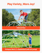 VEVOR Climbing Dome, 305cm Geometric Dome Climber, 453kg Loading Jungle Gym Playground with 2 Basketballs & Octopus Net, Easy-Assembly Outdoor Backyard Climbing Equipment for Kids 3 to 10 Years Old