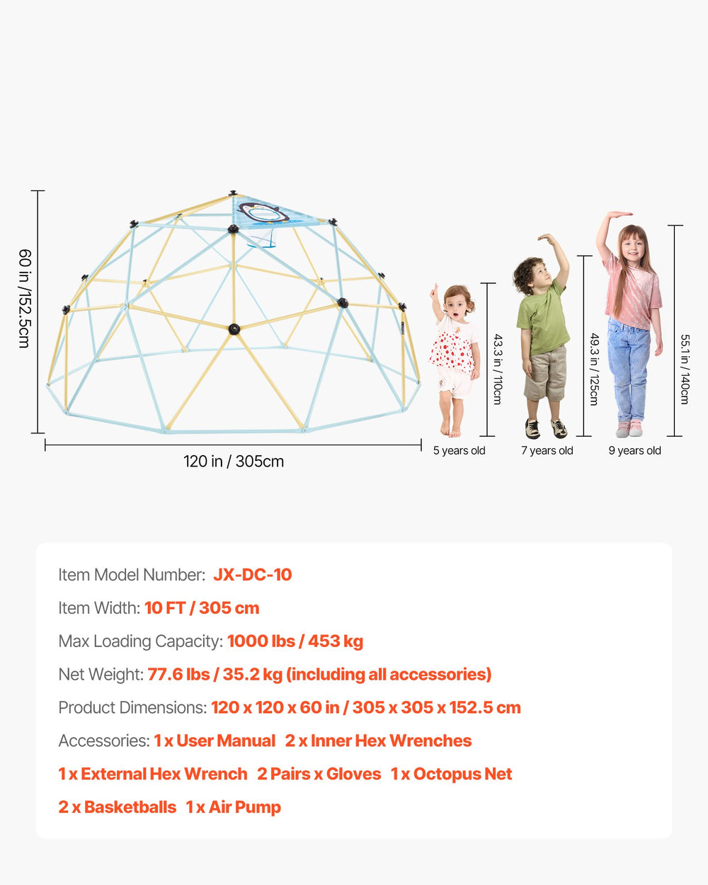 VEVOR Climbing Dome, 305cm Geometric Dome Climber, 453kg Loading Jungle Gym Playground with 2 Basketballs & Octopus Net, Easy-Assembly Outdoor Backyard Climbing Equipment for Kids 3 to 10 Years Old
