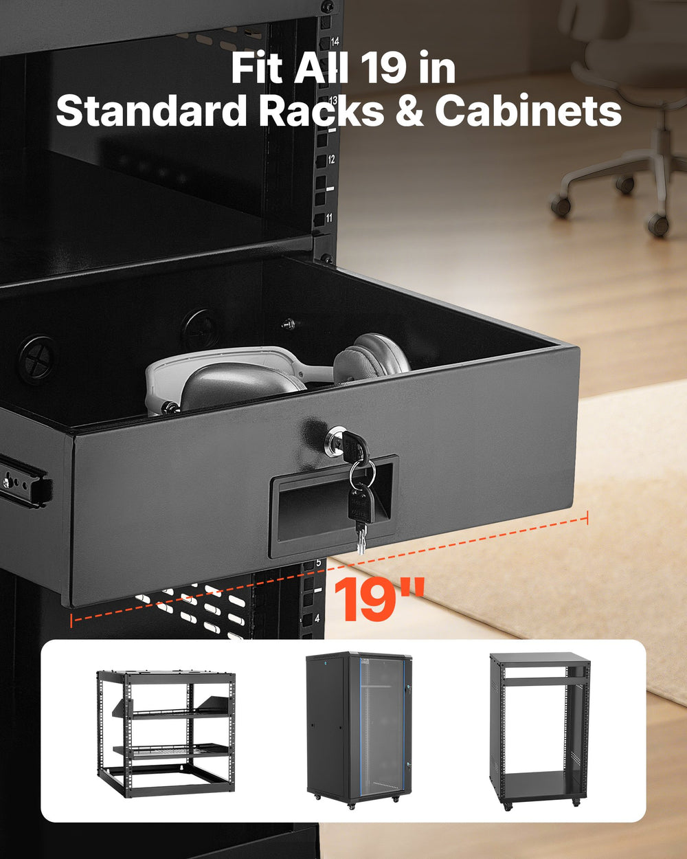 VEVOR 3U Rack Mount Drawer, 22.68 kg Max Load-Bearing, Lockable Server Cabinet Case, Sliding Drawer with Lock and Cable Management Holes, for Network Equipment Server AV Rack or Cabinet Enclosure