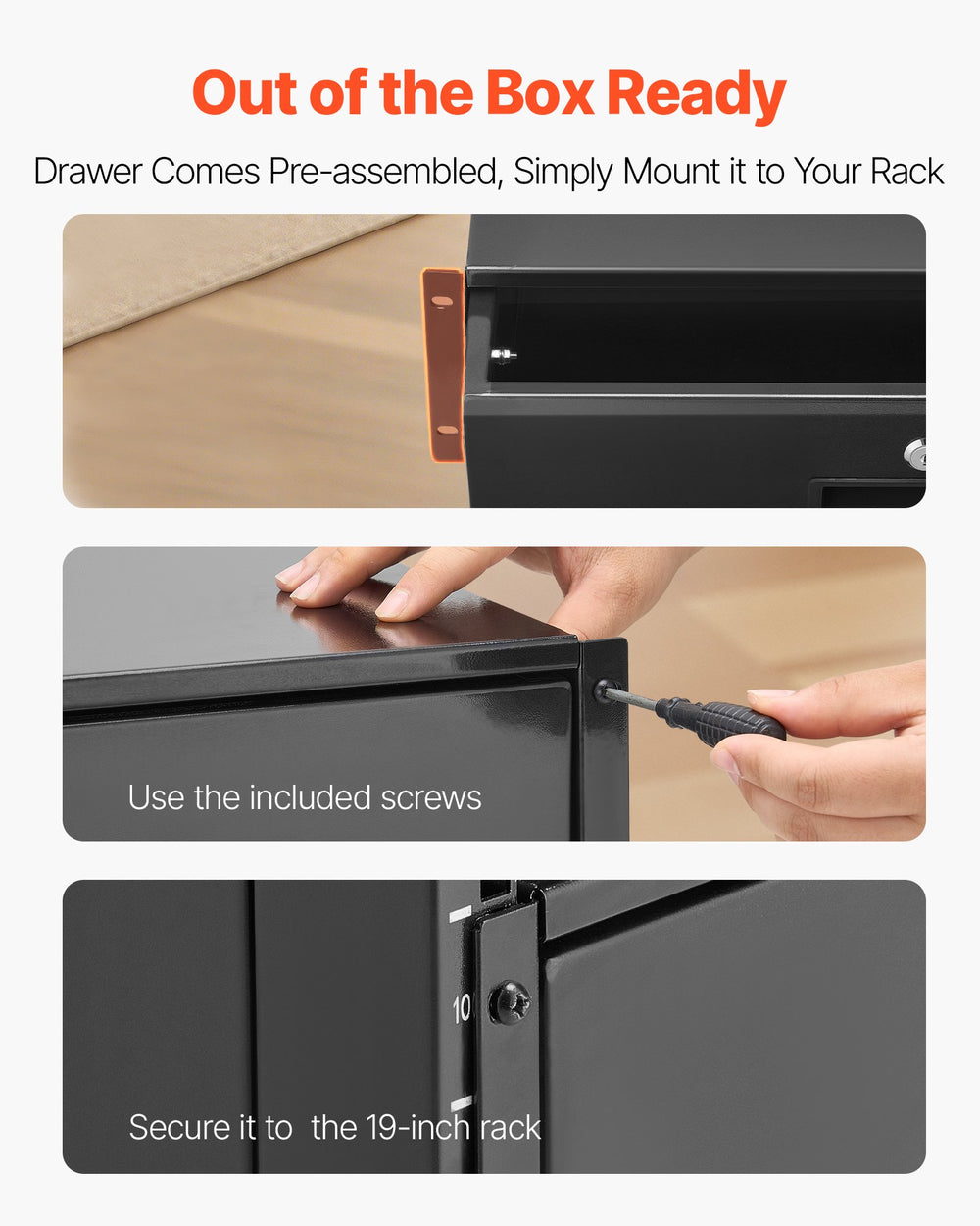 VEVOR 3U Rack Mount Drawer, 22.68 kg Max Load-Bearing, Lockable Server Cabinet Case, Sliding Drawer with Lock and Cable Management Holes, for Network Equipment Server AV Rack or Cabinet Enclosure