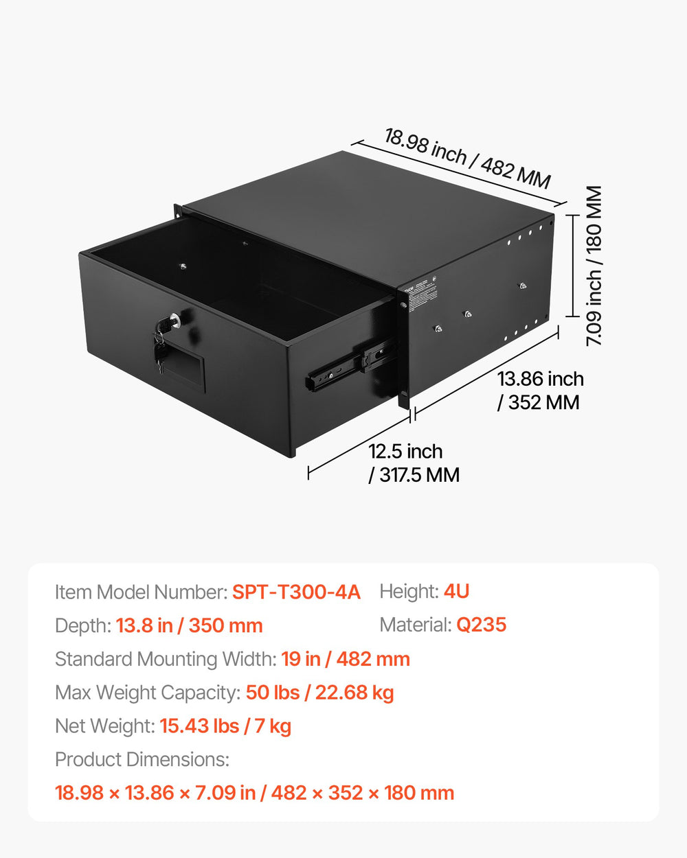VEVOR 4U Rack Mount Drawer, 22.68 kg Max Load-Bearing, Lockable Server Cabinet Case, Sliding Drawer with Lock and Cable Management Holes, for Network Equipment Server AV Rack or Cabinet Enclosure