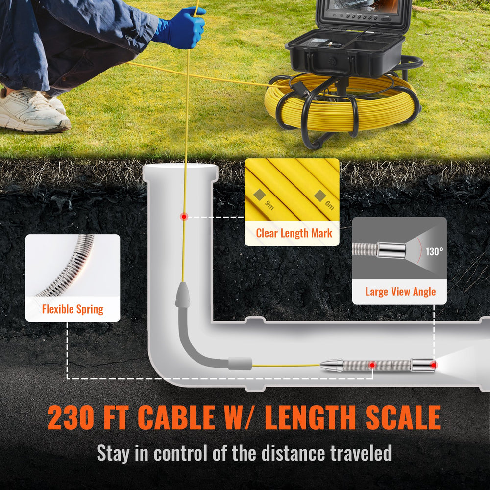 VEVOR Sewer Camera Pipe Inspection Camera 22.9 cm 720p Screen Pipe Camera 70.1m