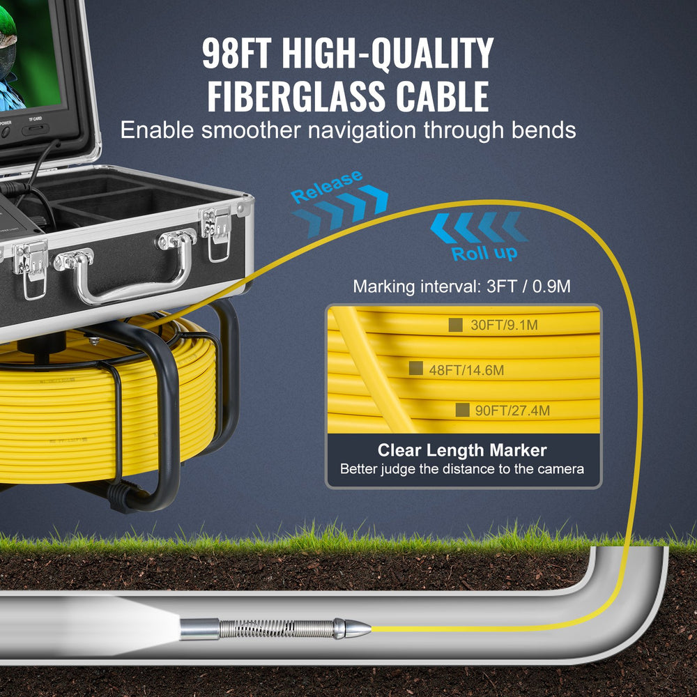 VEVOR Sewer Camera with 512Hz Locator, 98 ft/30 m, Self-Leveling Drain Inspection Camera with  9" 1080P HD Screen, 36X Zoom, Snake Plumbing Camera with Lights-12 LED, 32GB SD Card for Duct Pipe