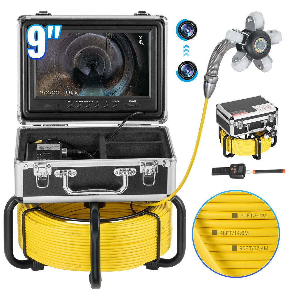 VEVOR Sewer Camera with 512Hz Locator, 98 ft/30 m, Self-Leveling Drain Inspection Camera with  9" 1080P HD Screen, 36X Zoom, Snake Plumbing Camera with Lights-12 LED, 32GB SD Card for Duct Pipe
