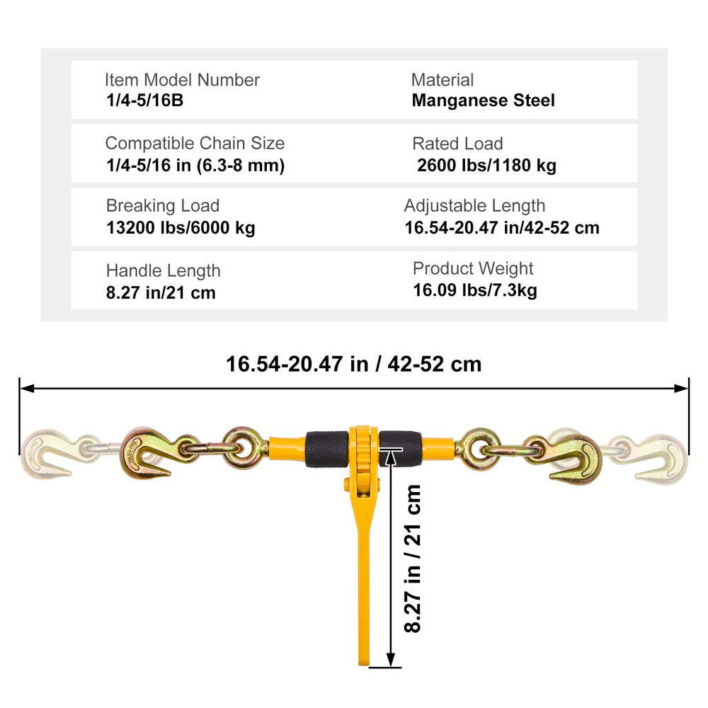 VEVOR Ratchet Chain Binders, 1/4"-5/16", 2600 lbs Safe Working Load, 4 Pack Load Binder with 2 Grab Hooks, Tie Downs for Transport Chain, Heavy Duty Tow Chain Ratchet Binders for Flatbed Truck Trailer
