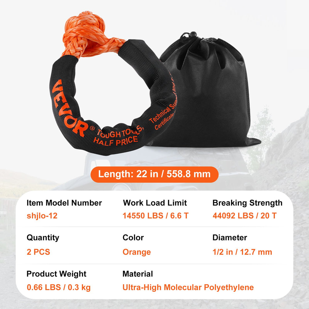 VEVOR Soft Shackle Synthetic Recovery Rope 2PCS 1.3x56 cm 20 Ton Break Strength