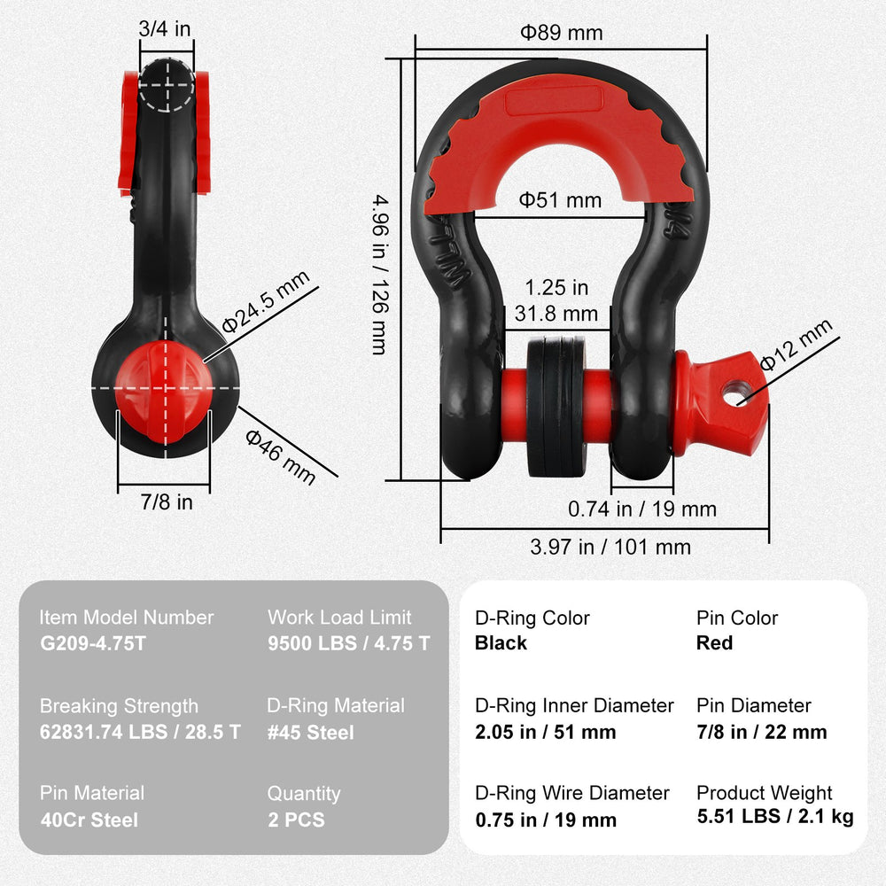 VEVOR 2 Pack 19 mm D Ring Shackle with 22.2 mm Screw Pin 28.5 Ton Break Strength