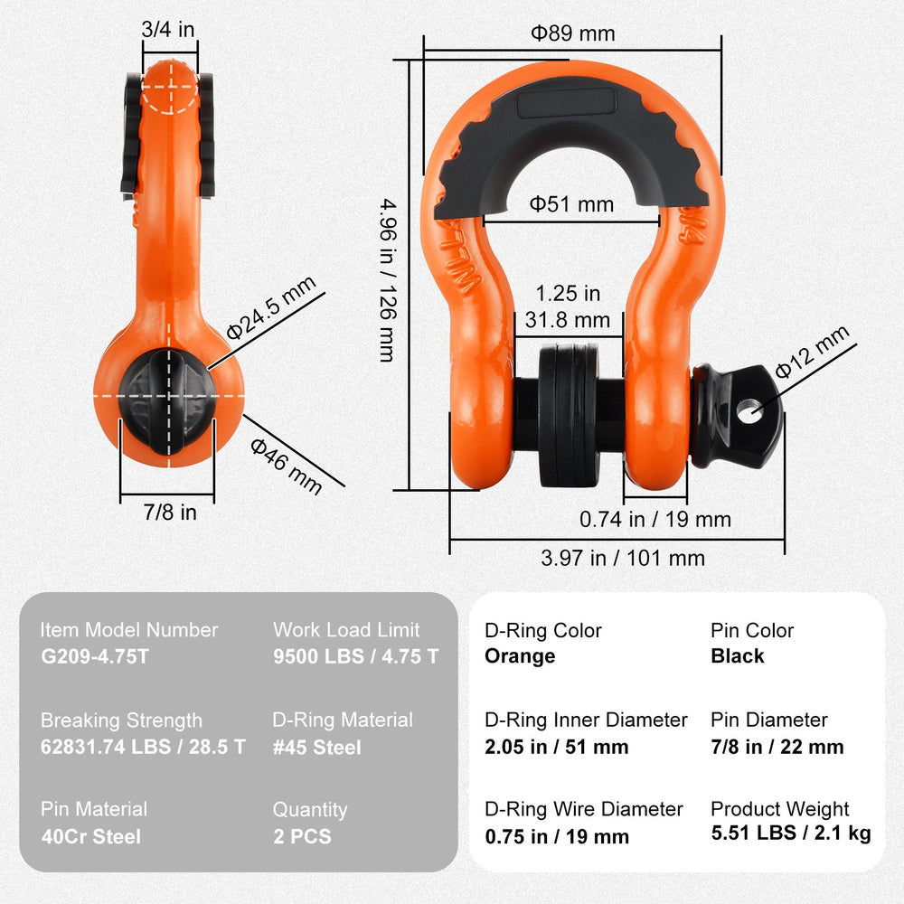 VEVOR 2 Pack 19 mm D Ring Shackle with 22.2 mm Screw Pin 28.5 Ton Break Strength