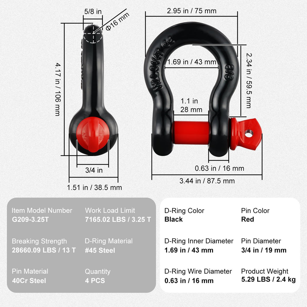 VEVOR 4 Pack 15.9 mm D Ring Shackle with 19 mm Screw Pin 13 Ton Break Strength