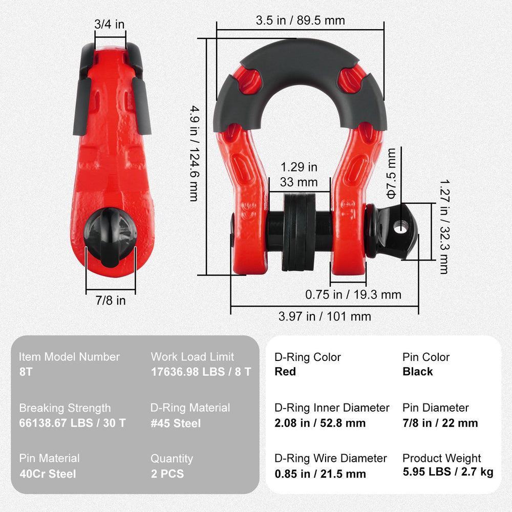 VEVOR 2 Pack 19 mm D Ring Shackle with 22.2 mm Screw Pin 30 Ton Break Strength