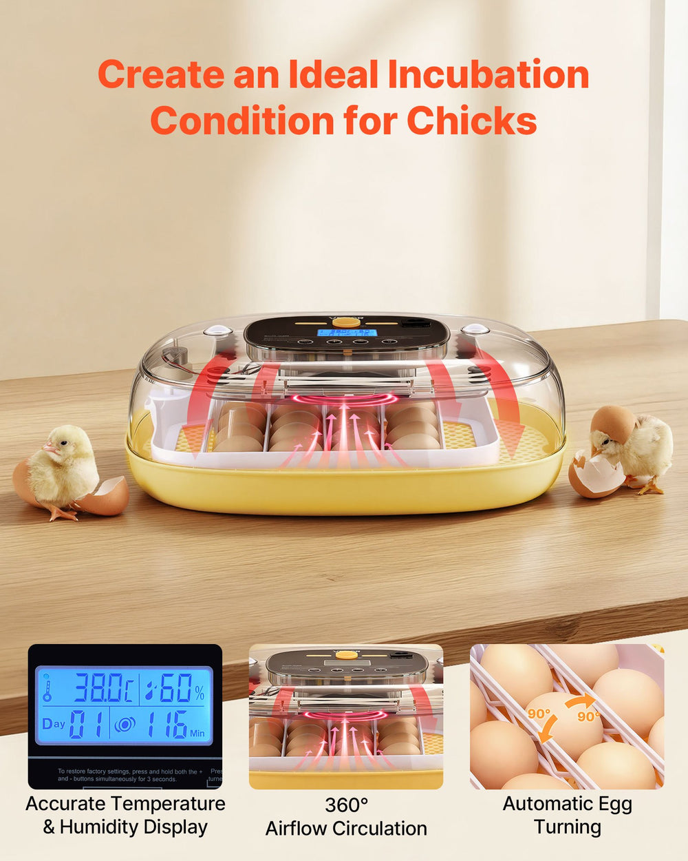 VEVOR 24 Egg Incubator, Automatic Egg Turner with LED Candler, Temperature & Humidity Control, 360° View Clear Window, Auto Water Refill, Poultry Eggs Incubators for Hatching Chicks Ducks Goose Quail