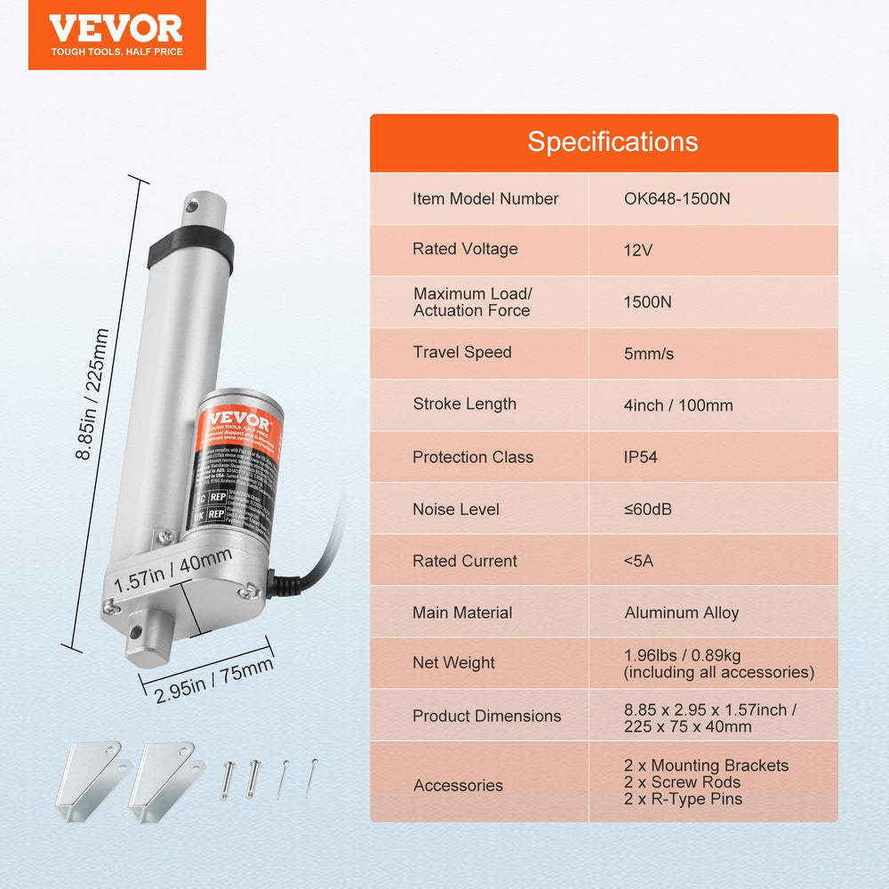VEVOR Linear Actuator 12V 10.2 cm High Load 149.7 kg/1500N 0.5 cm/s IP54 Protection