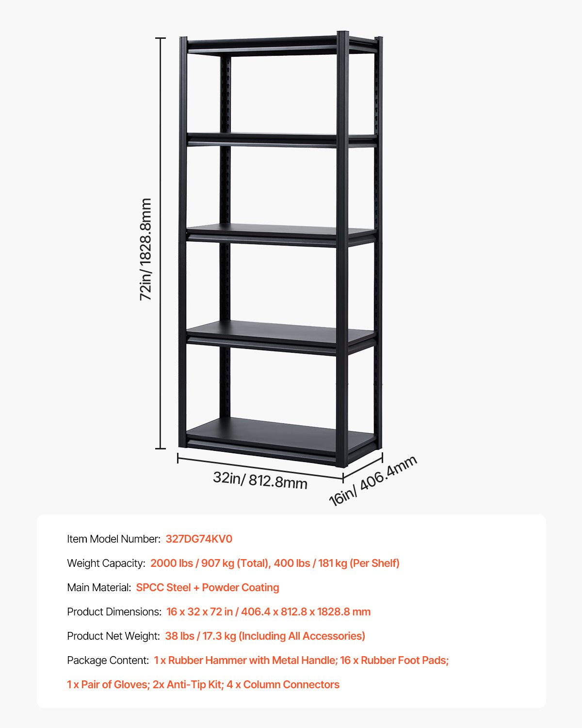 VEVOR Storage Shelves, 2000 lbs, 5 Tier Garage Storage Shelving, 16" D x 32" W x 72" H Adjustable Metal Shelves for Garage Shelves Utility Rack Shelf, Ideal for Kitchen, Warehouse, Basement, Black