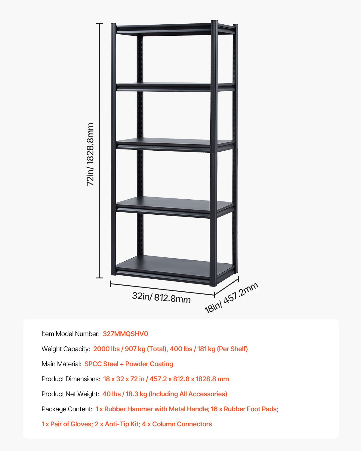 VEVOR Storage Shelves, 2000 lbs, 5 Tier Garage Storage Shelving, 18" D x 32" W x 72" H Adjustable Metal Shelves for Garage Shelves Utility Rack Shelf, Ideal for Kitchen, Warehouse, Basement, Black