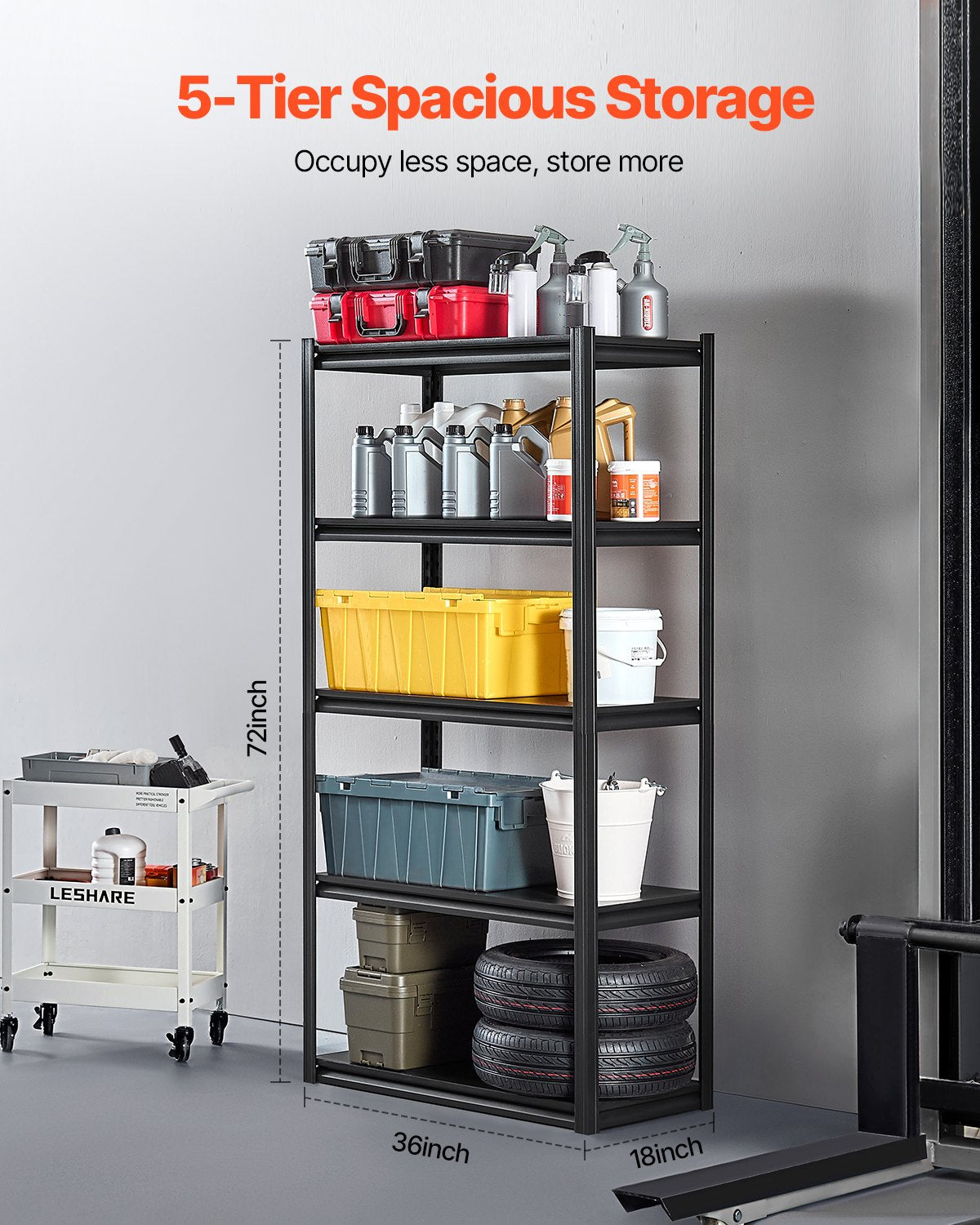 VEVOR Storage Shelves, 2000 lbs, 5 Tier Garage Storage Shelving, 18" D x 36" W x 72" H Adjustable Metal Shelves for Garage Shelves Utility Rack Shelf, Ideal for Kitchen, Warehouse, Basement, Black
