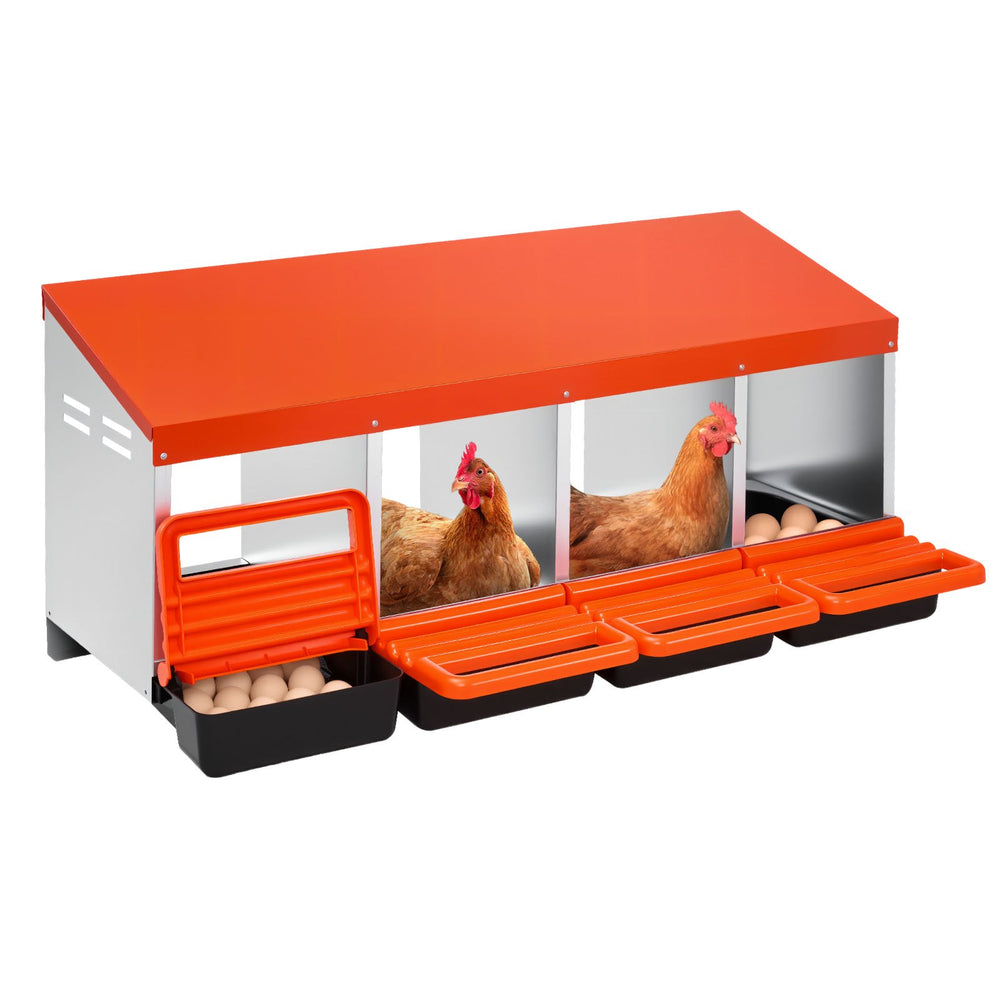 VEVOR Chicken Nesting Boxes, 4 Compartments, Metal Egg Laying Boxes with Protective Collection Lids, Roll Out Nesting Box, Easy to Assemble, Ideal for Hens, Ducks, Chickens, and Other Poultry, Orange