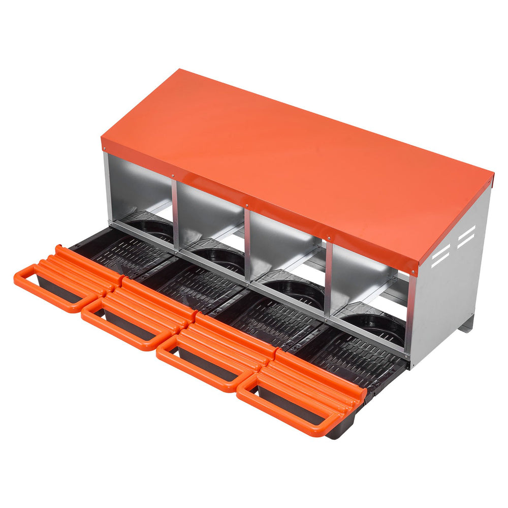 VEVOR Chicken Nesting Boxes, 4 Compartments, Metal Egg Laying Boxes with Protective Collection Lids, Roll Out Nesting Box, Easy to Assemble, Ideal for Hens, Ducks, Chickens, and Other Poultry, Orange