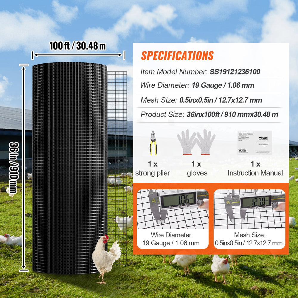 VEVOR Hardware Cloth, 910 x 30480 mm Galvanized Wire Mesh Roll, 19 Gauge Chicken Wire Fence Roll, Vinyl Coating Metal Wire Mesh for Chicken Coop Barrier, Rabbit Snake Fences, Poultry Enclosures