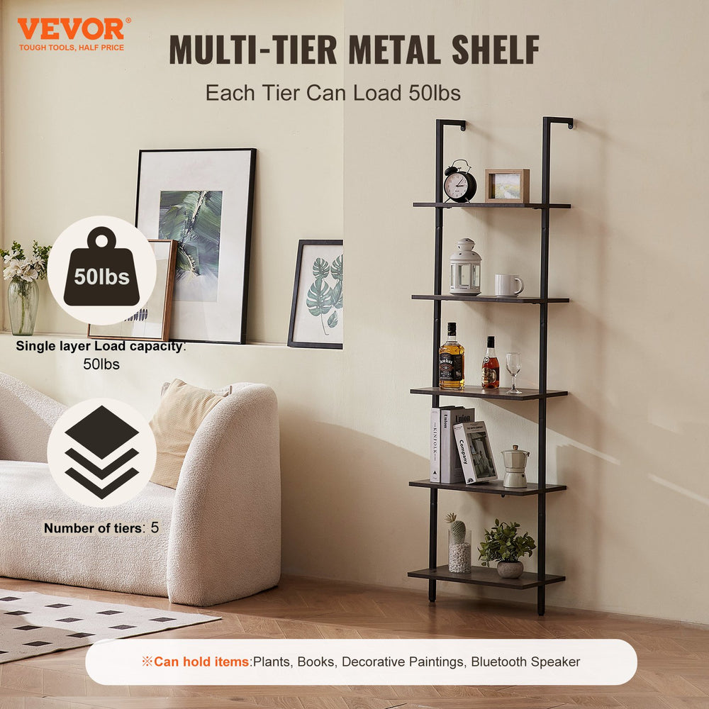 VEVOR Ladder Shelf, 5-Tier Bookshelf 17.3x11.8in, Open Wall-Mounted Ladder Shelf with Metal Frame,Storage Rack Sundries Holder for Kitchen Bedroom Bathroom Living Room, Black