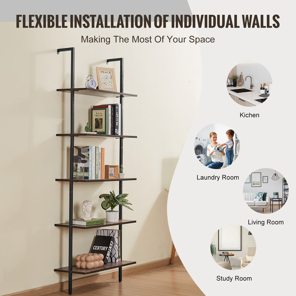 VEVOR Ladder Shelf, 5-Tier Bookshelf 17.3x11.8in, Open Wall-Mounted Ladder Shelf with Metal Frame,Storage Rack Sundries Holder for Kitchen Bedroom Bathroom Living Room, Black