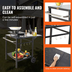 VEVOR Outdoor Grill Dining Cart with Double-Shelf, BBQ Movable Food Prep Table, Multifunctional Foldable Iron Table Top, Portable Modular Carts for Pizza Oven, Worktable with 2 Wheels, Carry Handle