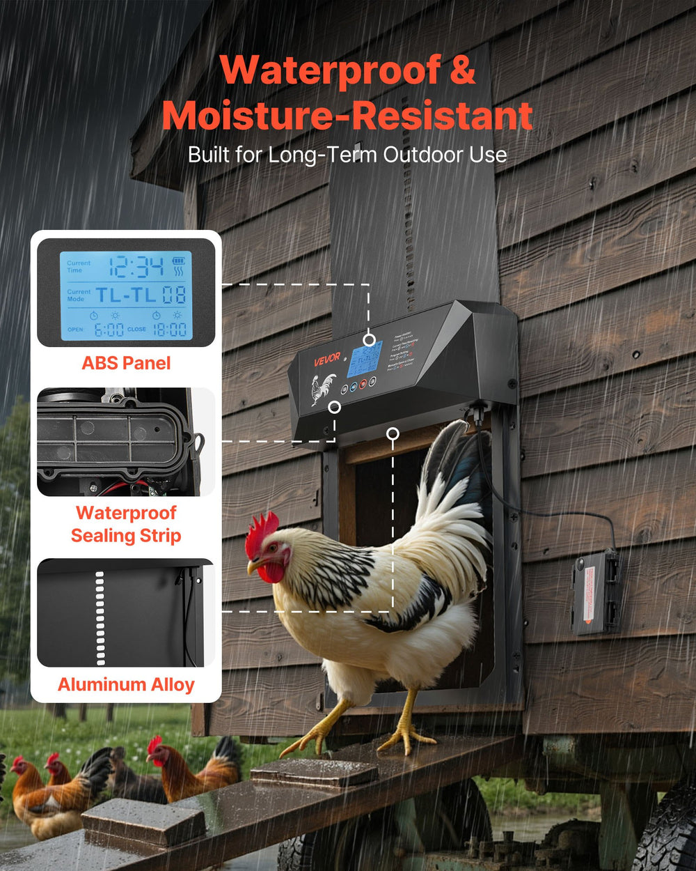 VEVOR Automatic Chicken Coop Door, DC & Battery Powered Chicken Door with LCD Display, Light Sensor, Timer & Manual Setting, Anti-Pinch Security, Durable Aluminum Alloy, Chick Run Gate Opener for Farm