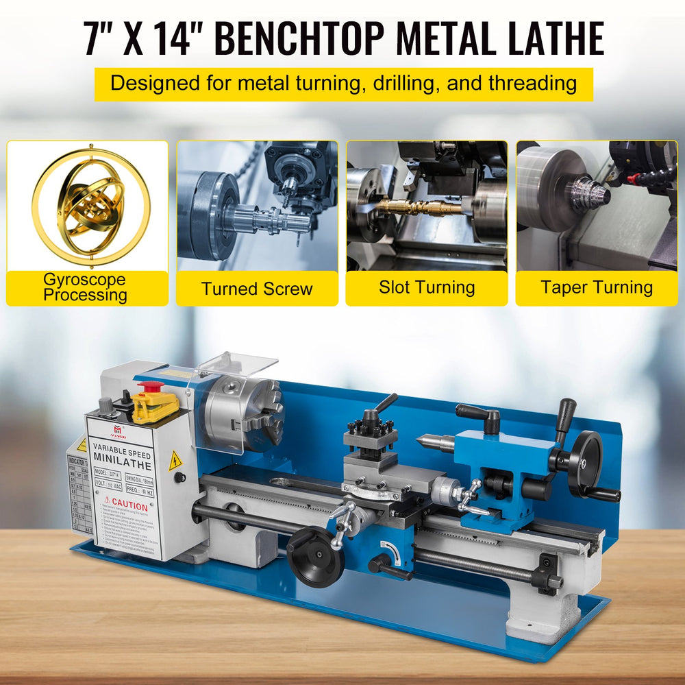 VEVOR Mini Metal Lathe 550W Variable Speed Metal Lathe 50 to 2500Rpm Precision Mini Benchtop Lathe 7x14 Inch for Mini Precision Parts Processing Sample Processing Modeling Works