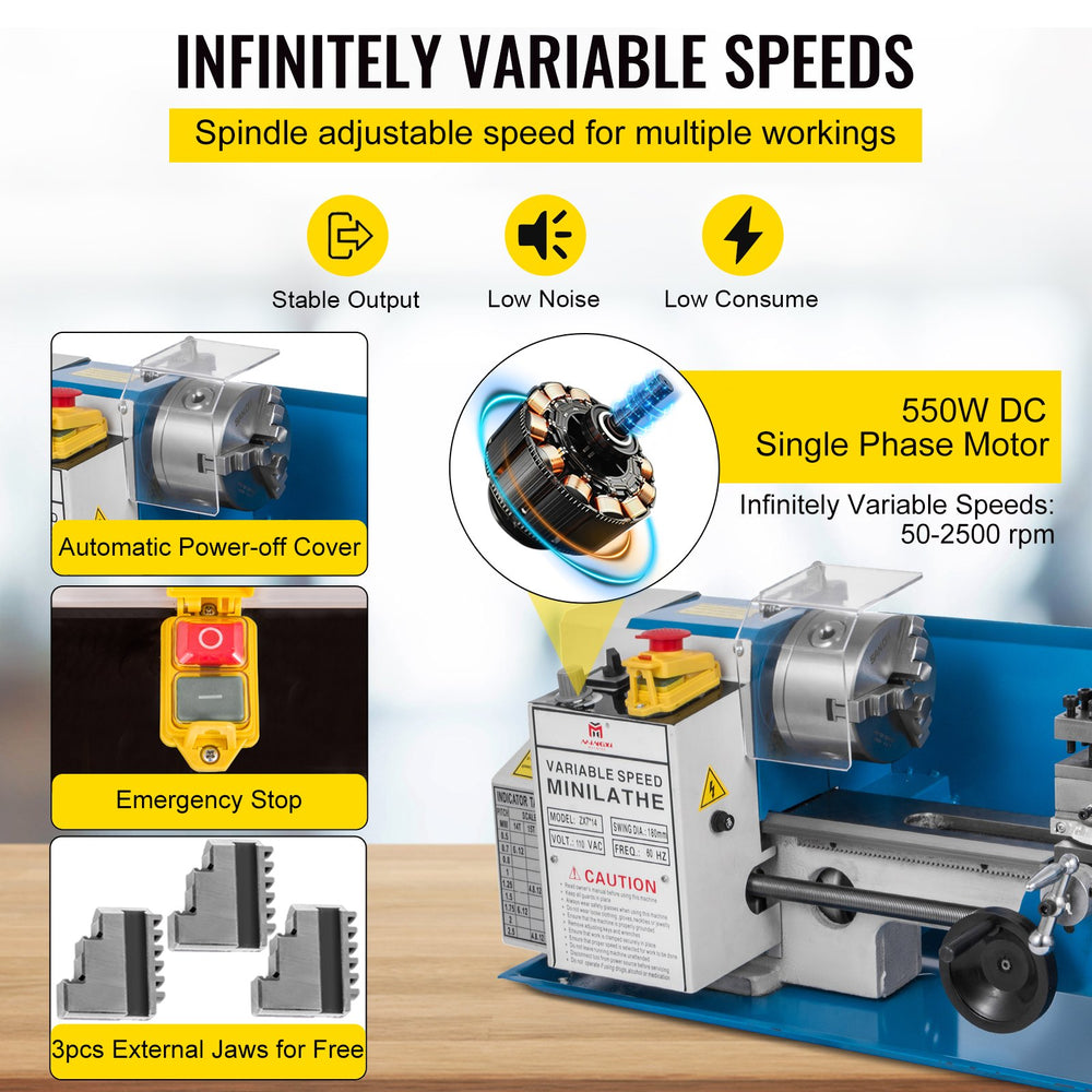VEVOR Mini Metal Lathe 550W Variable Speed Metal Lathe 50 to 2500Rpm Precision Mini Benchtop Lathe 7x14 Inch for Mini Precision Parts Processing Sample Processing Modeling Works