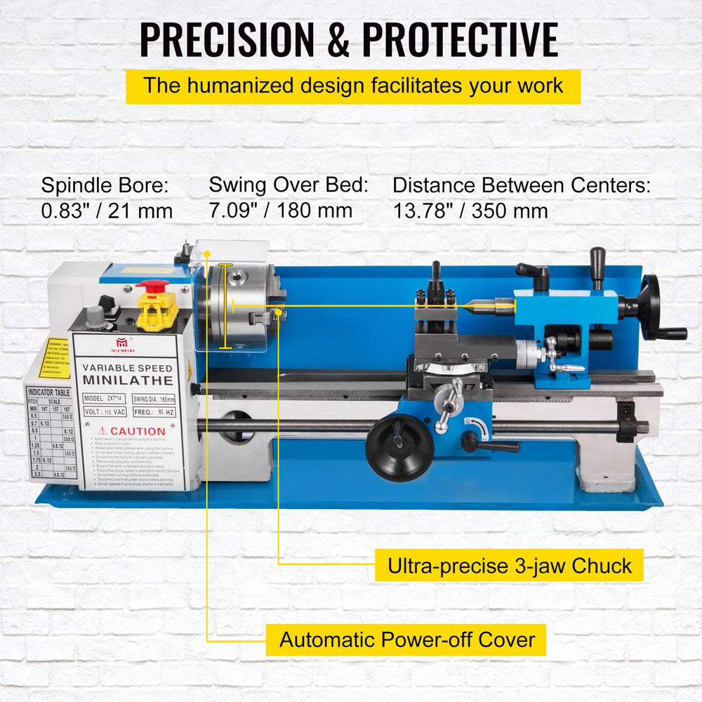VEVOR Mini Metal Lathe 550W Variable Speed Metal Lathe 50 to 2500Rpm Precision Mini Benchtop Lathe 7x14 Inch for Mini Precision Parts Processing Sample Processing Modeling Works