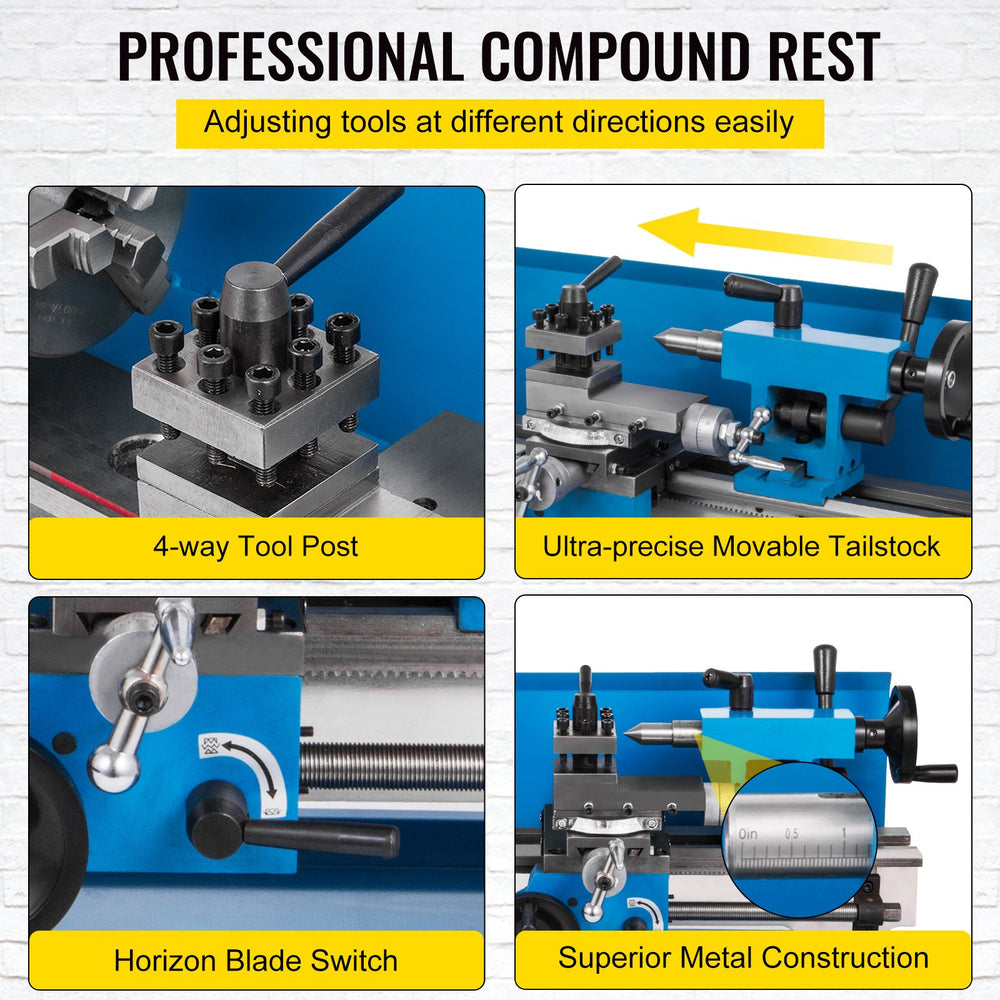 VEVOR Mini Metal Lathe 550W Variable Speed Metal Lathe 50 to 2500Rpm Precision Mini Benchtop Lathe 7x14 Inch for Mini Precision Parts Processing Sample Processing Modeling Works