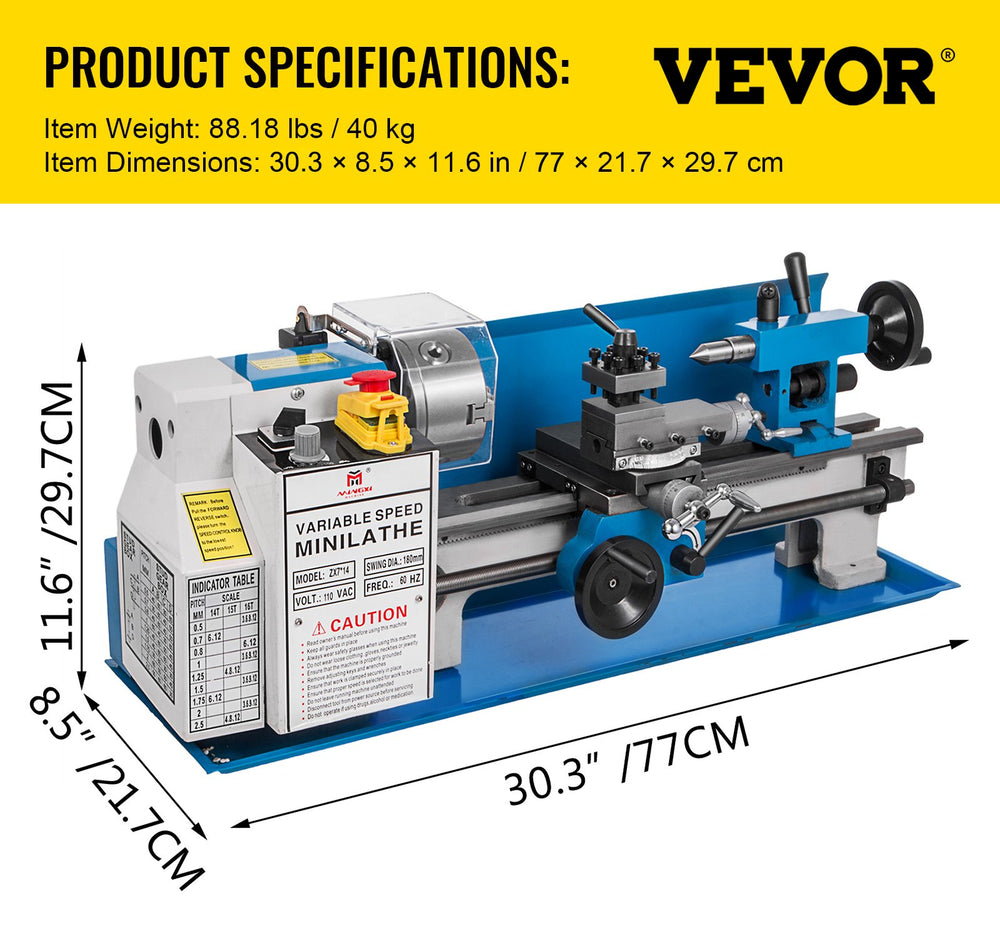 VEVOR Mini Metal Lathe 550W Variable Speed Metal Lathe 50 to 2500Rpm Precision Mini Benchtop Lathe 7x14 Inch for Mini Precision Parts Processing Sample Processing Modeling Works