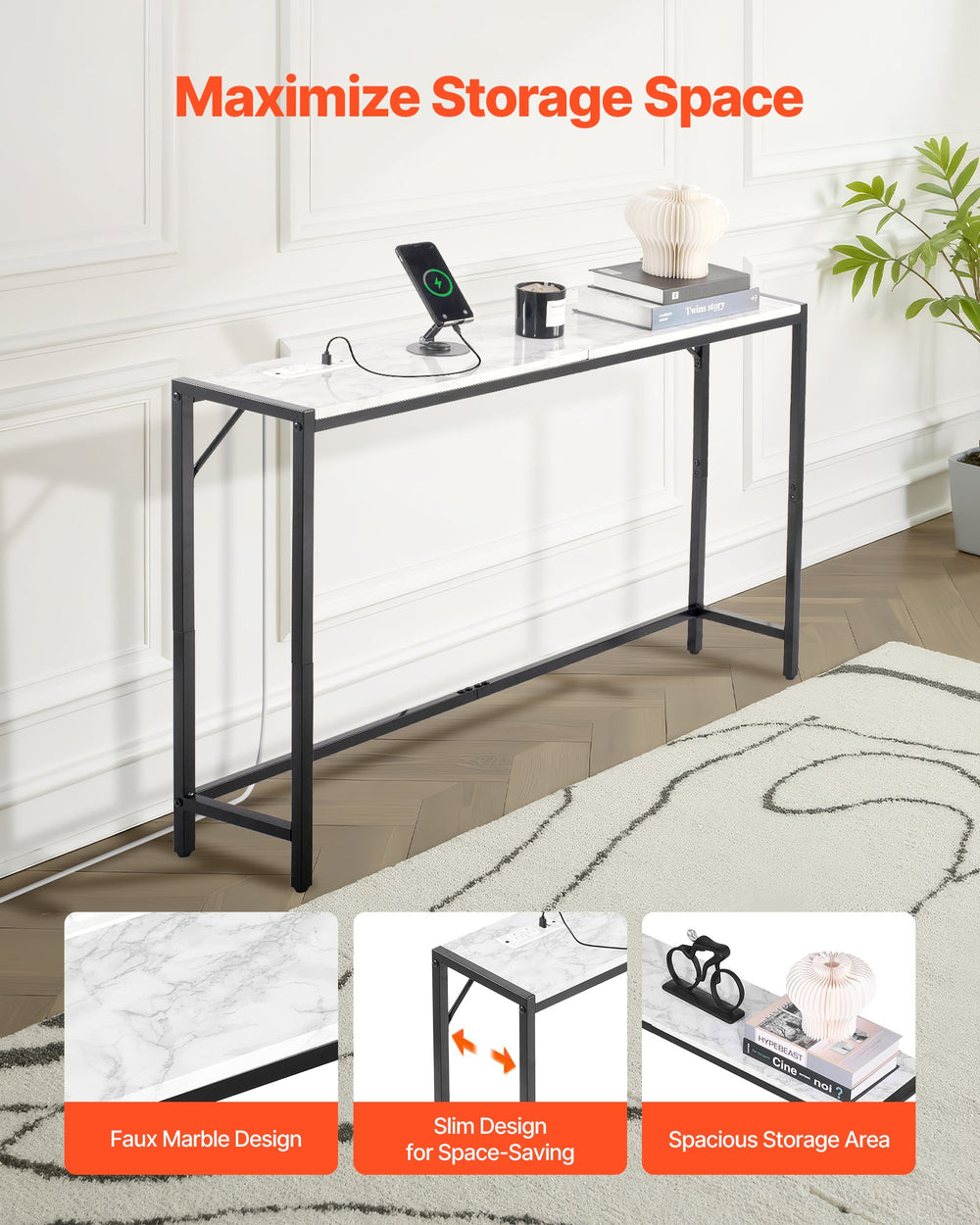 VEVOR Marble Console Table, Modern Narrow Long Console Table with Power Outlet, Thin Sofa Side Table with Iron Tubes, Anti-Tip Device and Triangular Support for Living Room, Hallway, Entryway, Foyer