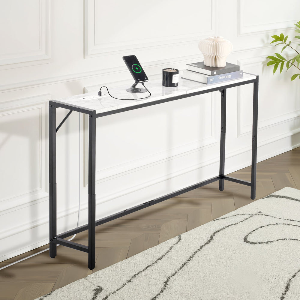 VEVOR Marble Console Table, Modern Narrow Long Console Table with Power Outlet, Thin Sofa Side Table with Iron Tubes, Anti-Tip Device and Triangular Support for Living Room, Hallway, Entryway, Foyer