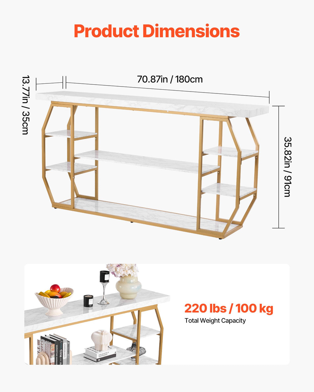 VEVOR Marble Console Table, 3 Tiers Modern Console Table for Open Storage, Golden Geometric Table with Iron Tubes, Anti-Tip Device and Triangular Support for Living Room, Hallway, Entryway, Foyer