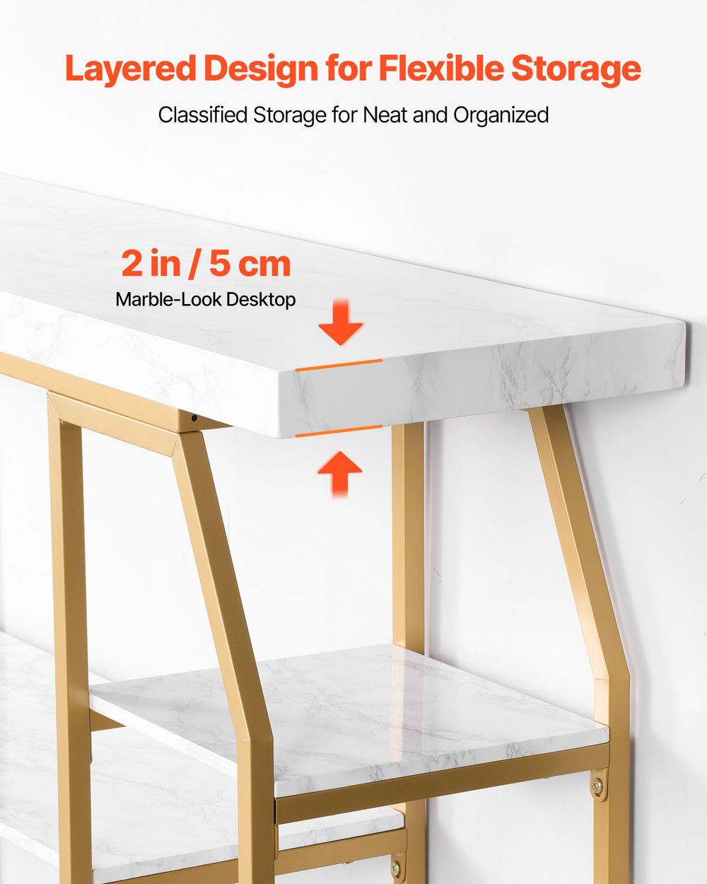 VEVOR Marble Console Table, 3 Tiers Modern Console Table for Open Storage, Golden Geometric Table with Iron Tubes, Anti-Tip Device and Triangular Support for Living Room, Hallway, Entryway, Foyer