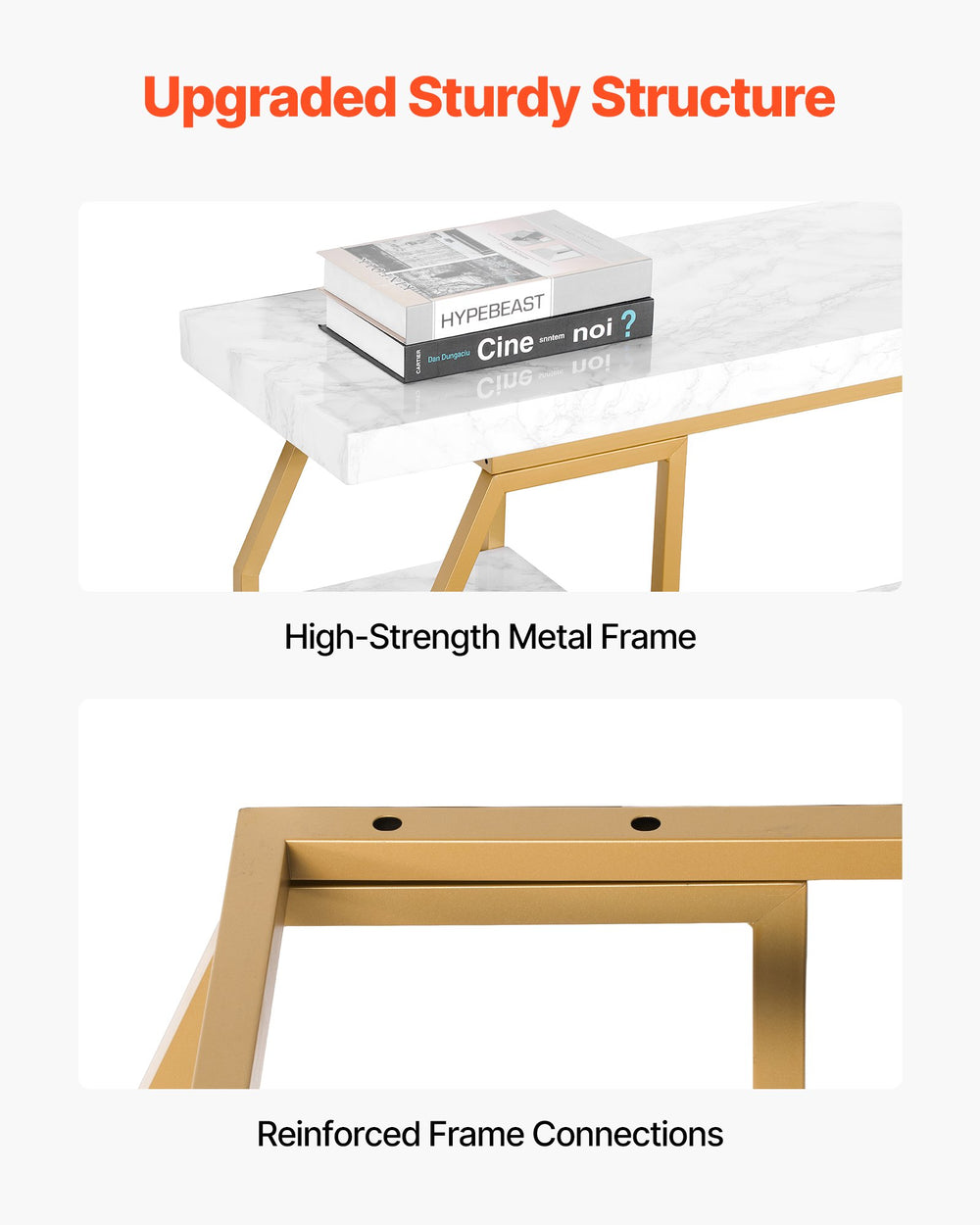 VEVOR Marble Console Table, 3 Tiers Modern Console Table for Open Storage, Golden Geometric Table with Iron Tubes, Anti-Tip Device and Triangular Support for Living Room, Hallway, Entryway, Foyer