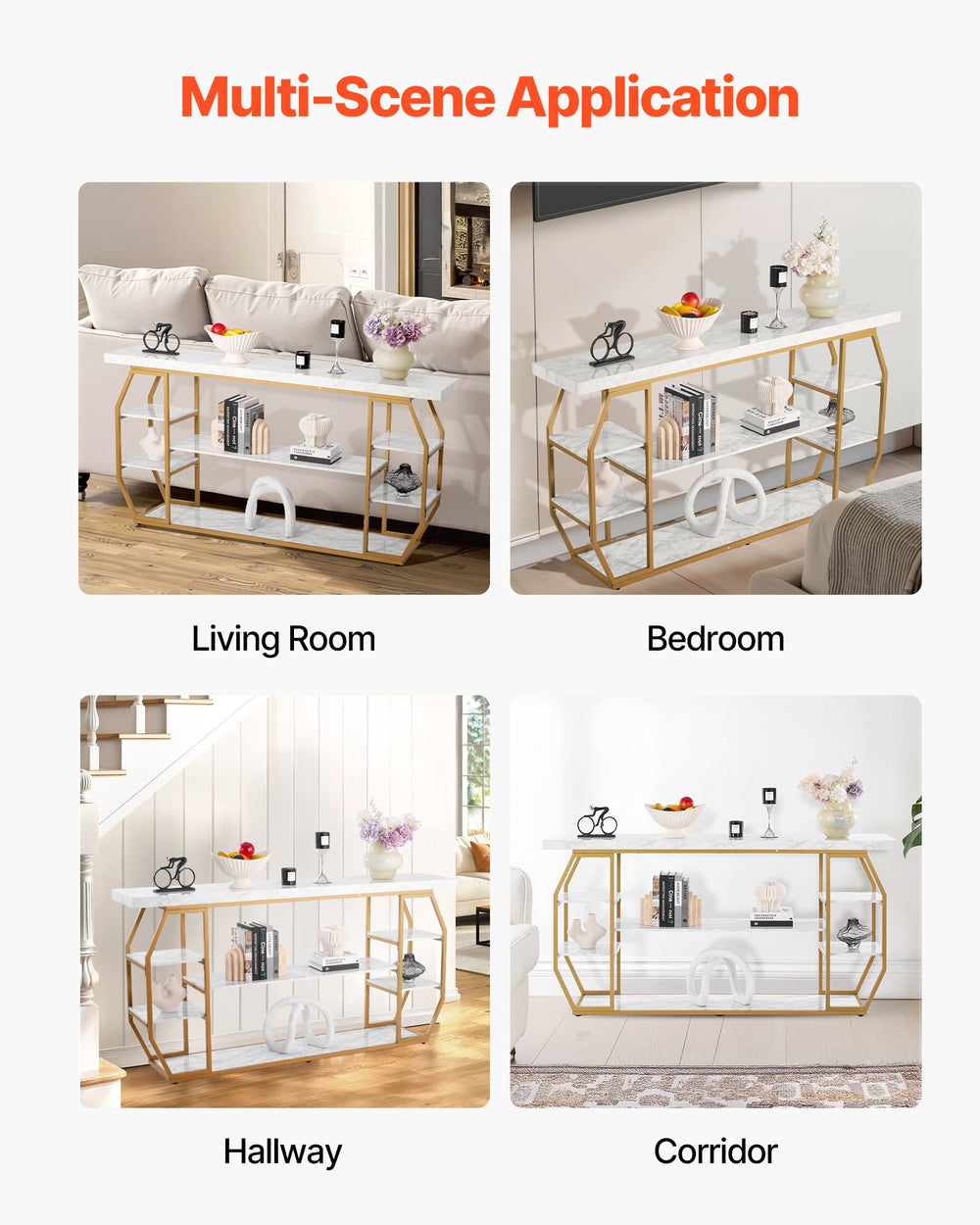 VEVOR Marble Console Table, 3 Tiers Modern Console Table for Open Storage, Golden Geometric Table with Iron Tubes, Anti-Tip Device and Triangular Support for Living Room, Hallway, Entryway, Foyer