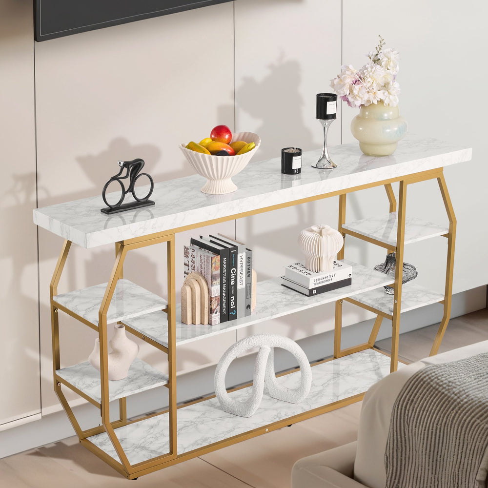 VEVOR Marble Console Table, 3 Tiers Modern Console Table for Open Storage, Golden Geometric Table with Iron Tubes, Anti-Tip Device and Triangular Support for Living Room, Hallway, Entryway, Foyer