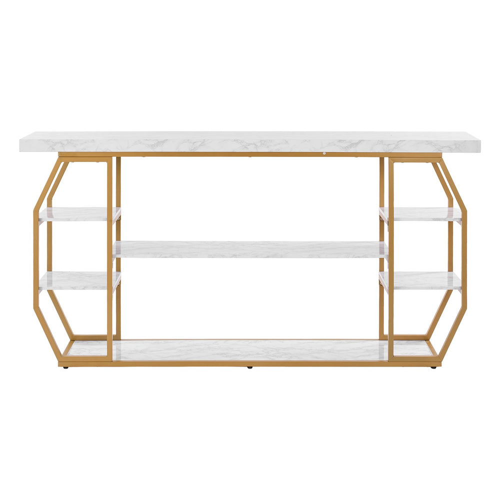 VEVOR Marble Console Table, 3 Tiers Modern Console Table for Open Storage, Golden Geometric Table with Iron Tubes, Anti-Tip Device and Triangular Support for Living Room, Hallway, Entryway, Foyer