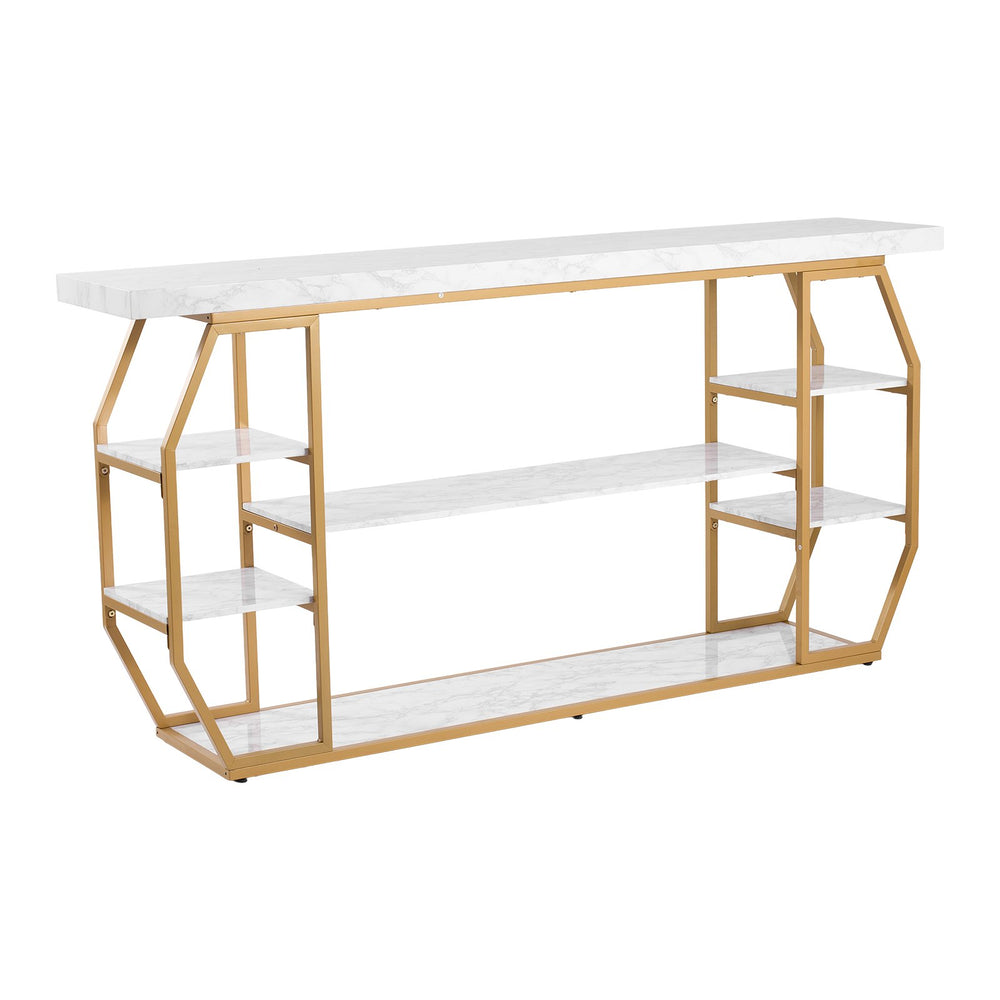 VEVOR Marble Console Table, 3 Tiers Modern Console Table for Open Storage, Golden Geometric Table with Iron Tubes, Anti-Tip Device and Triangular Support for Living Room, Hallway, Entryway, Foyer